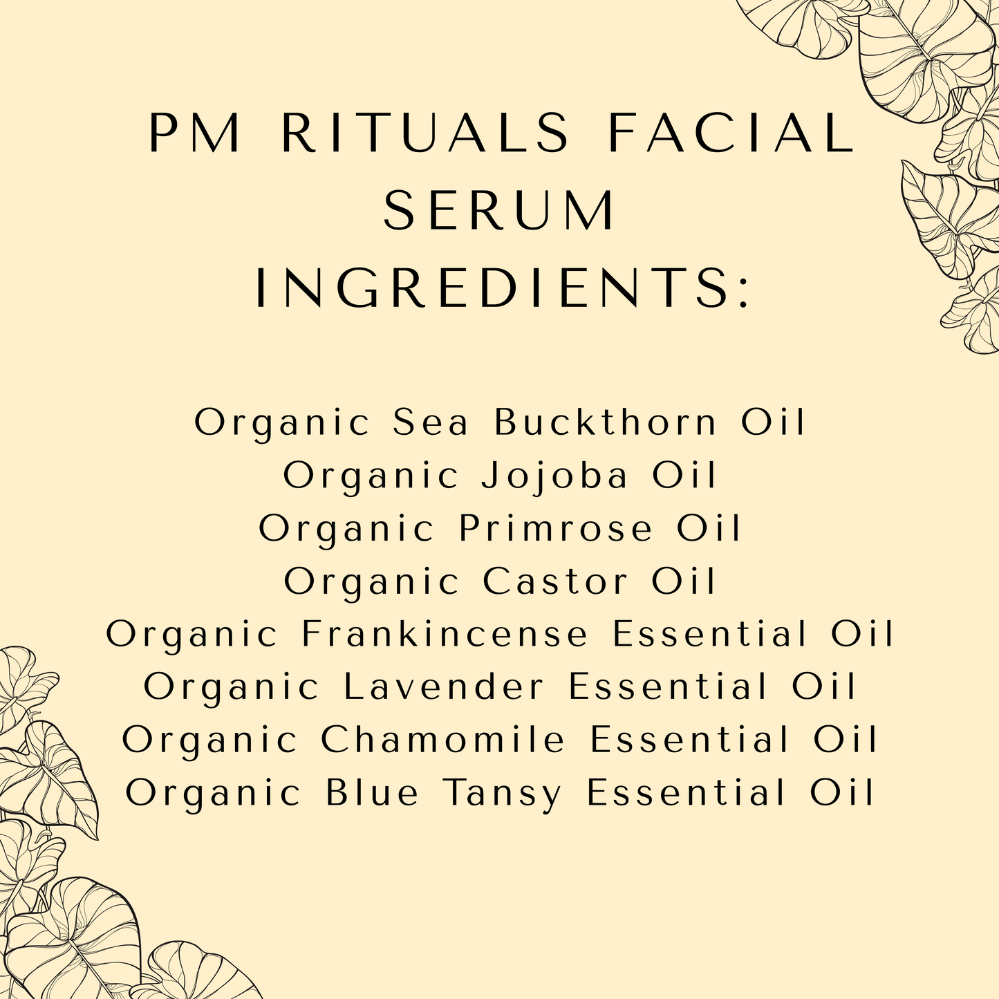The Navi Brand PM Rituals Serum Ingredients. waterless facial serum, all organic