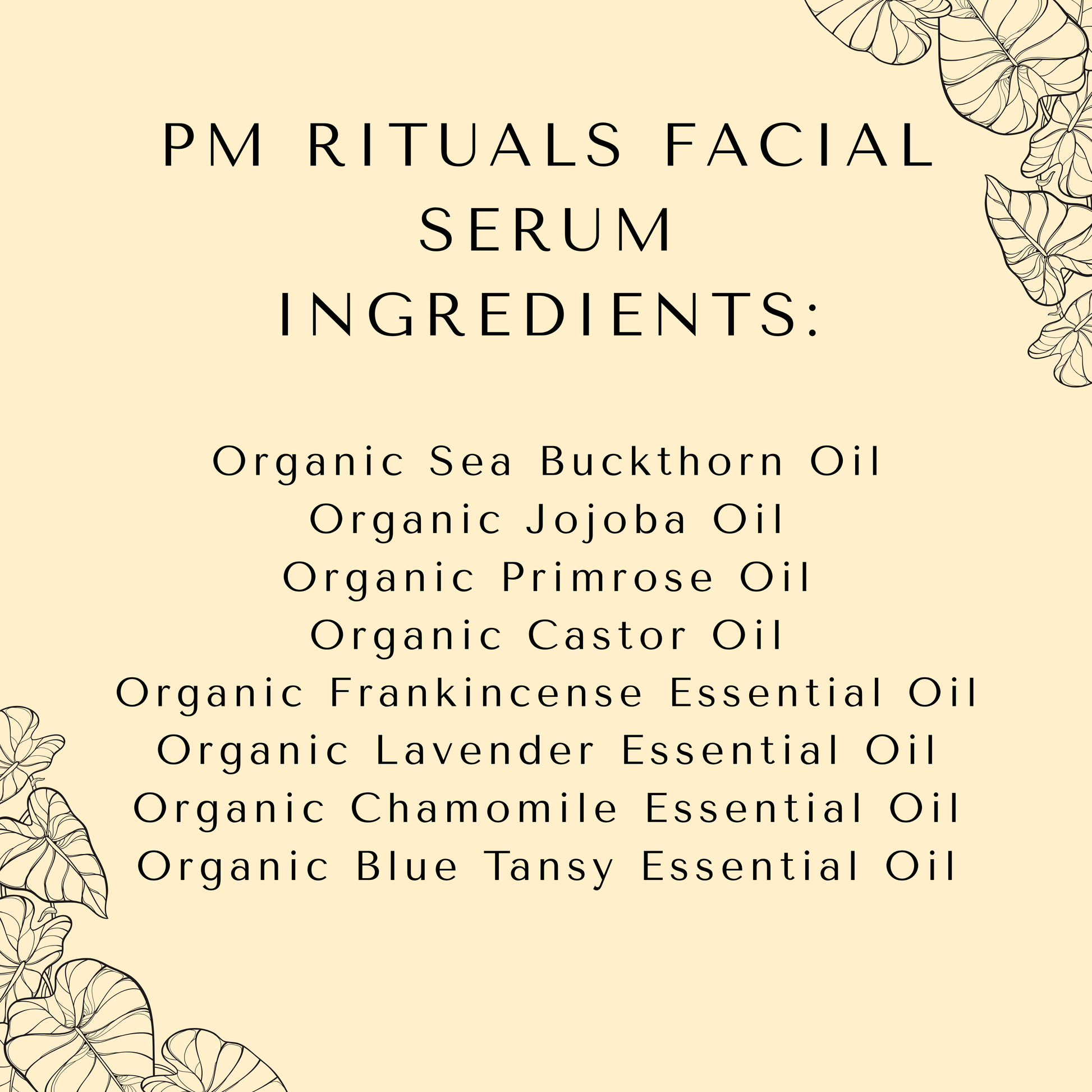 The Navi Brand PM Rituals Serum Ingredients. waterless facial serum, all organic