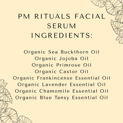 The Navi Brand PM Rituals Serum Ingredients. waterless facial serum, all organic